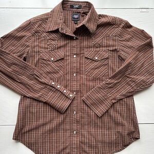 Vintage 90s Cruel Girl Punk Western Plaid Grunge Button Down Brown Long Sleeve S